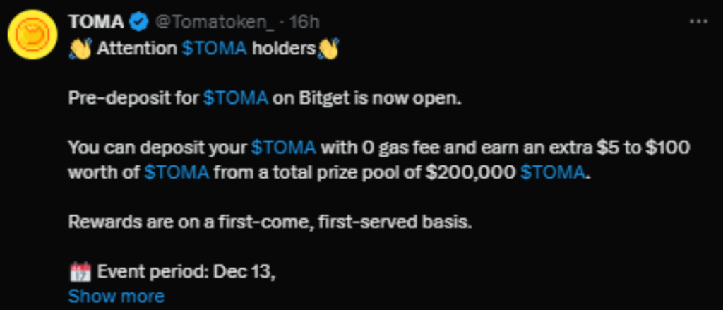 Tomarket Listing Date Nears: Deposit $TOMA on Bitget to Earn Big